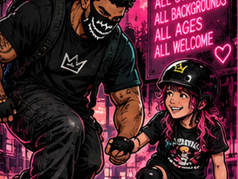 Abe wearing the Frankenskates mask and skating alongside Finley
