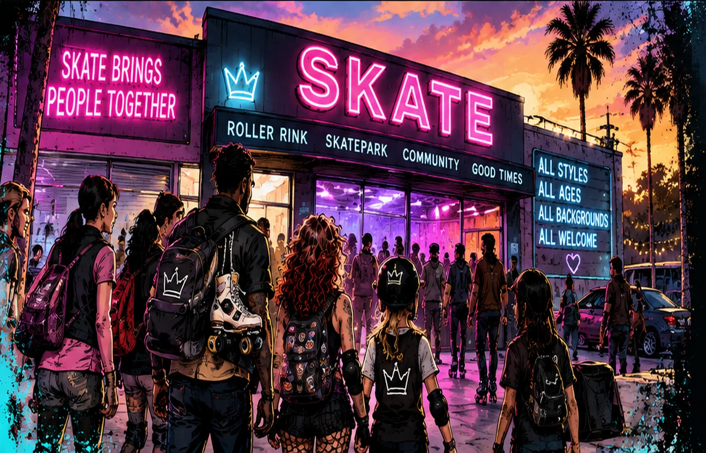 Skaters gathering outside a bright neighborhood roller rink