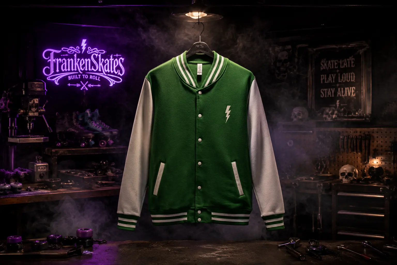 Green and white Order of the Lightning Frankenskates letterman jacket