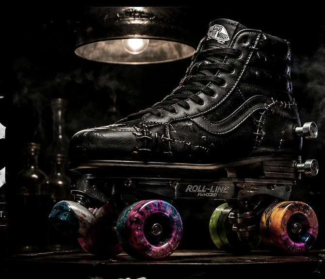A custom roller skate emerging from the darkness of the Frankenskates Laboratory